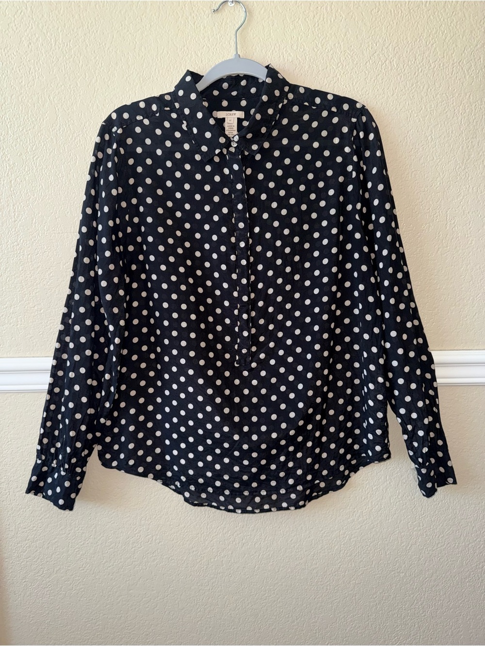 J. Crew Silk Cotton Polka Dot Lightweight Popover Blouse Black Size 12 / Large